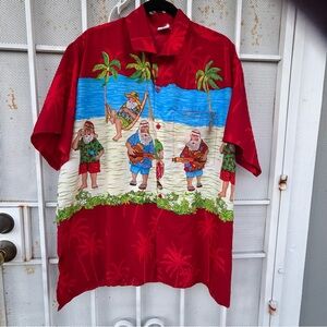 Barefoot Attitude men XL button S/S Hawaiian vacation Santa Shirt 100% Terivoile